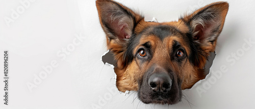 Adorable brown German Shepherd dog sticking its head out of hole in white paper isolated on plain white background 