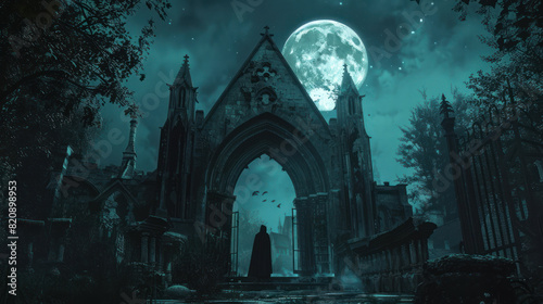 A gothic church at midnight, the full moon illuminating a figure in a cloak standing at the entrance.