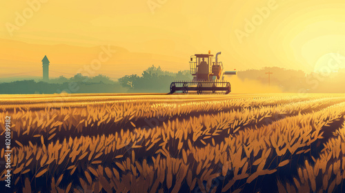 A harvester moving through a field of wheat at dusk, its silhouette casting long shadows, accompanied by a banner of infographics detailing the annual grain production and consumption rates.