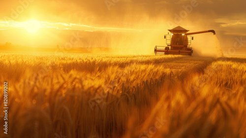 A harvester moving through a field of wheat at dusk, its silhouette casting long shadows, accompanied by a banner of infographics detailing the annual grain production and consumption rates.