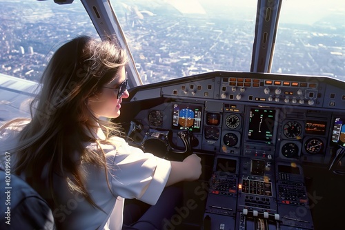 A young woman confidently pilots a passenger airplane in the cockpit with focus and determination.