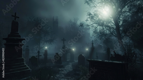 A misty cemetery at night, a faint apparition visible among the tombstones.