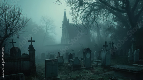 A misty cemetery at night, a faint apparition visible among the tombstones.