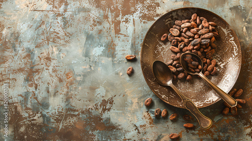 Plate and spoons with cacao beans on grunge background