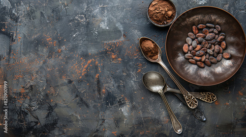 Plate and spoons with cacao beans on grunge background