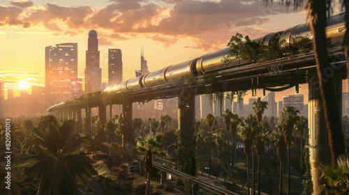 A network of elevated hyperloop tubes crisscrossing above a metropolitan skyline, with capsules whizzing by at breathtaking speeds, connecting distant parts of the city in minutes.