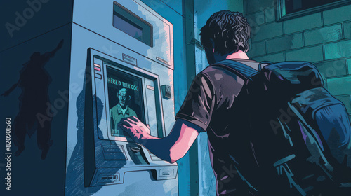 A person looking anxious as they withdraw money from an ATM with a suspicious figure lurking behind.