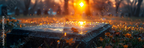 A close-up of a tombstone covered in dew at sunrise, emphasize the delicate drops of water and the morning light, symbolizing new beginnings and eternal remembrance on Memorial Day