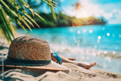 Beach Accessories On Blue Plank - Summer Holiday Banner. Beautiful simple AI generated image in 4K, unique.