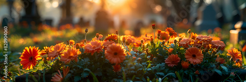 A close-up of blooming flowers in a cemetery on Memorial Day, the details and colors, symbolizing renewal and remembrance in the month of May
