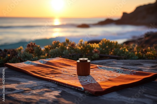 Beautiful sunset over the sea with a tablecloth and a candle. Concept of meditation and relaxation.
