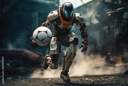Futuristic astronaut running with his soccer ball in his hands.