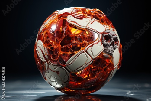 The soccer ball is decorated with the image of skulls