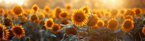 A field of tall sunflowers, some wilting under the intense summer sun, symbolizing the beauty and impermanence of summer