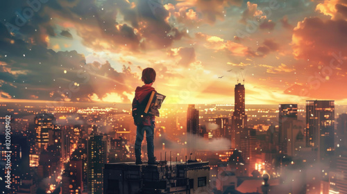 An adventurous child standing on a city rooftop with a book in hand, acting out the story with the cityscape as their backdrop, embodying the characters and their journeys.
