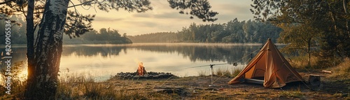 A peaceful lakeside campsite with a tent, a fishing rod leaning against a tree, and a campfire ready to be lit, evoking tranquility and outdoor relaxation