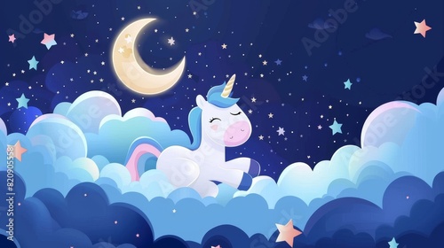 Night sky scene with unicorn, moon, star and clouds. Baby dream wallpaper illustration with crescent and flying pony. Blue fantasy landscape for nursery or website.