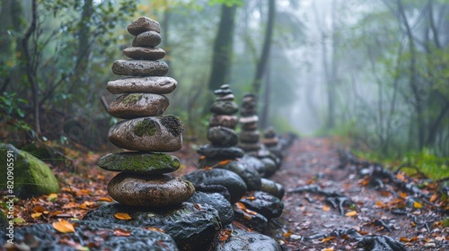 A series of trail markers or cairns leading through a dense forest, evoking the sense of direction, discovery, and journeying into the unknown