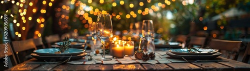 A table with scattered plates, empty glasses, and a drooping string of fairy lights, capturing the camaraderie and bittersweet end of a summer gathering