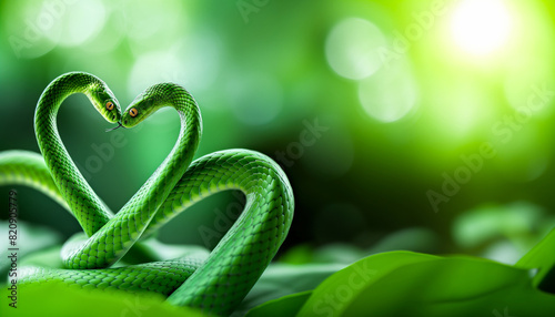 Green snakes forms a perfect heart shape, captured against a leafy green background. Concept World Snake Day