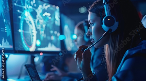 Customer service representatives assisting clients in a high-tech call center