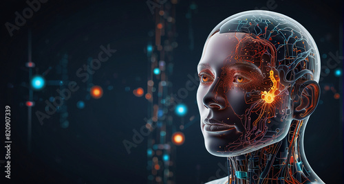Robot woman, female cyborg portrait, humanoid cyber machine controlled by artificial intelligence, tech of the future, futuristic fantasy, AI generative 