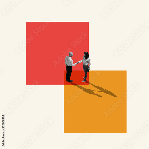 Poster. Contemporary art collage. Businessman shaking hands with his partner against background with colorful squares. Concept of partnership, deals, business acquisition, cooperation, teamwork. Ad