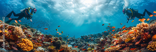 Diver explores vibrant coral reef teeming with underwater life in the azure waters of the ocean