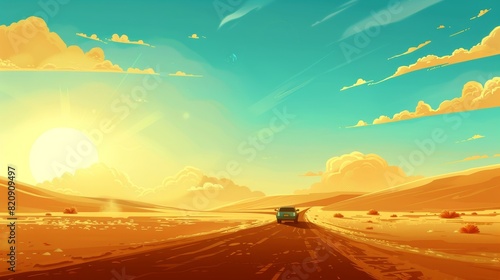 Highway asphalt road trip in desert modern background. Perspective view landscape with hot sand dunes nature scenery. Road transport traffic on route in wilderness.