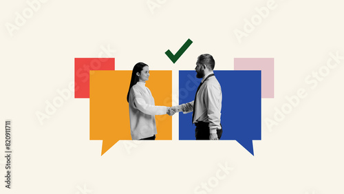 Contemporary art collage. Two young people standing in speech bubbles and shaking hands. Meeting an make deals online. Concept of partnership, business acquisition, deals, cooperation, teamwork. Ad