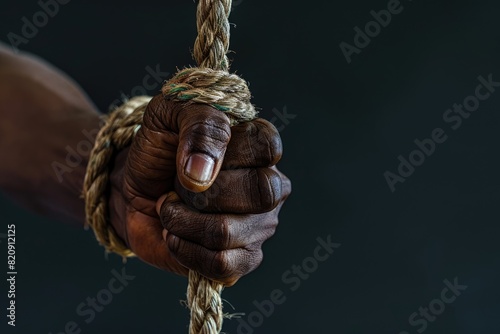 Black man's fist with coiled rope, concept of freedom day, Juneteenth, Black Independence Day.