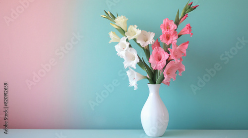 Vase with beautiful gladiolus flowers on table against