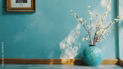 Vase with blossoming branches and pictures on floor ne