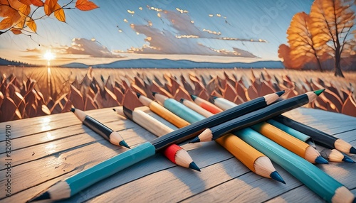 Sharpened colored pencils ready for use School supplies on a wooden desk Creative tools for artists and designers background