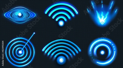 Blue radio wave signals isolated on transparent background. Modern illustration of radial symbol for wifi connection, sound spread, pulse effect, vibration frequency, radar area.