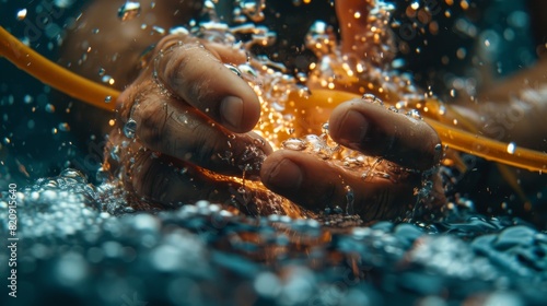 Close-up of an engineer's hands connecting fiber optic cables underwater
