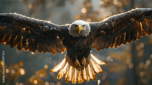 A majestic bald eagle soaring over a Memorial Day event, to freeze the motion and showcase the bird's strength and grace, symbolizing freedom and patriotism