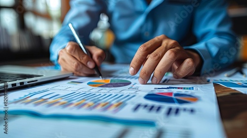Close-up of a professional analyzing financial reports and charts with a laptop in the background, showcasing business data analysis.
