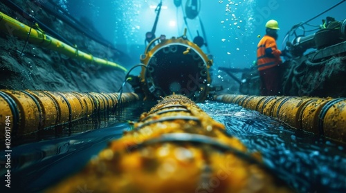 Detailed view of fiber optic cables being installed underwater with an engineer in the background