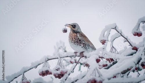 hawthorn branches with ripe fruits are covered with freshly fallen snow against a gray sky on one of the branches sits a fieldfare thrush and holds a hawthorn fruit in its beak