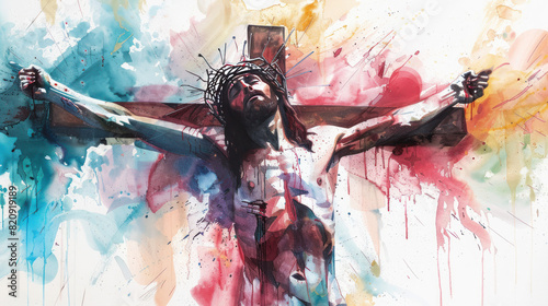 The Crucifixion illustrated with bold, dramatic watercolor strokes.