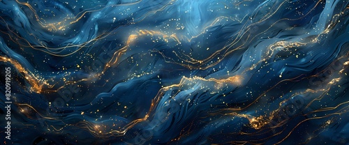 Golden tendrils cascading through a surreal canvas of midnight black and deep indigo.