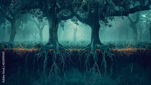 Amidst a surreal forest, trees hang with roots skyward, creating an inverted natural wonder.