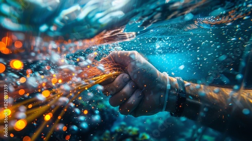 engineer's hands connecting fiber optic cables, with underwater scenes of the ocean floor