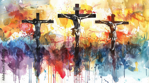 The Crucifixion illustrated with bold, dramatic watercolor strokes.