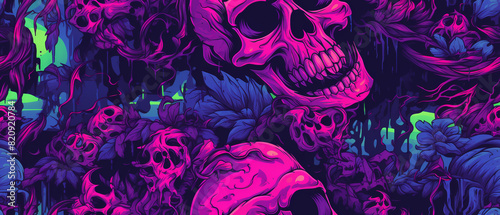  Neon trashcore skull vector style illustration.