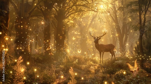Create a dreamy forest scene with fairy lights and magical creatures. 