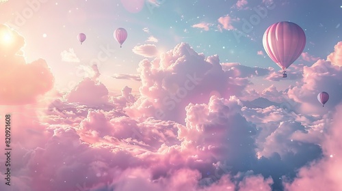 Create a dreamy sky scene with pastel clouds and hot air balloons. 