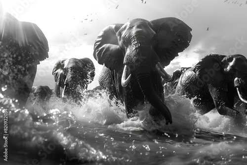 a black and white photo of an elephant in the water