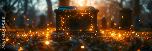 A nighttime scene of a fallen soldier's tombstone illuminated by small LED lights, long exposure to create a glowing effect that symbolizes eternal remembrance and honor